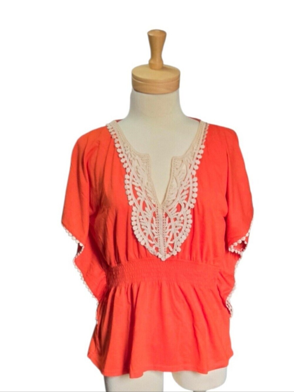 𝅺Streetwear Coral V-Neck Crochet-Trim Orange Tunic Top, Size Large